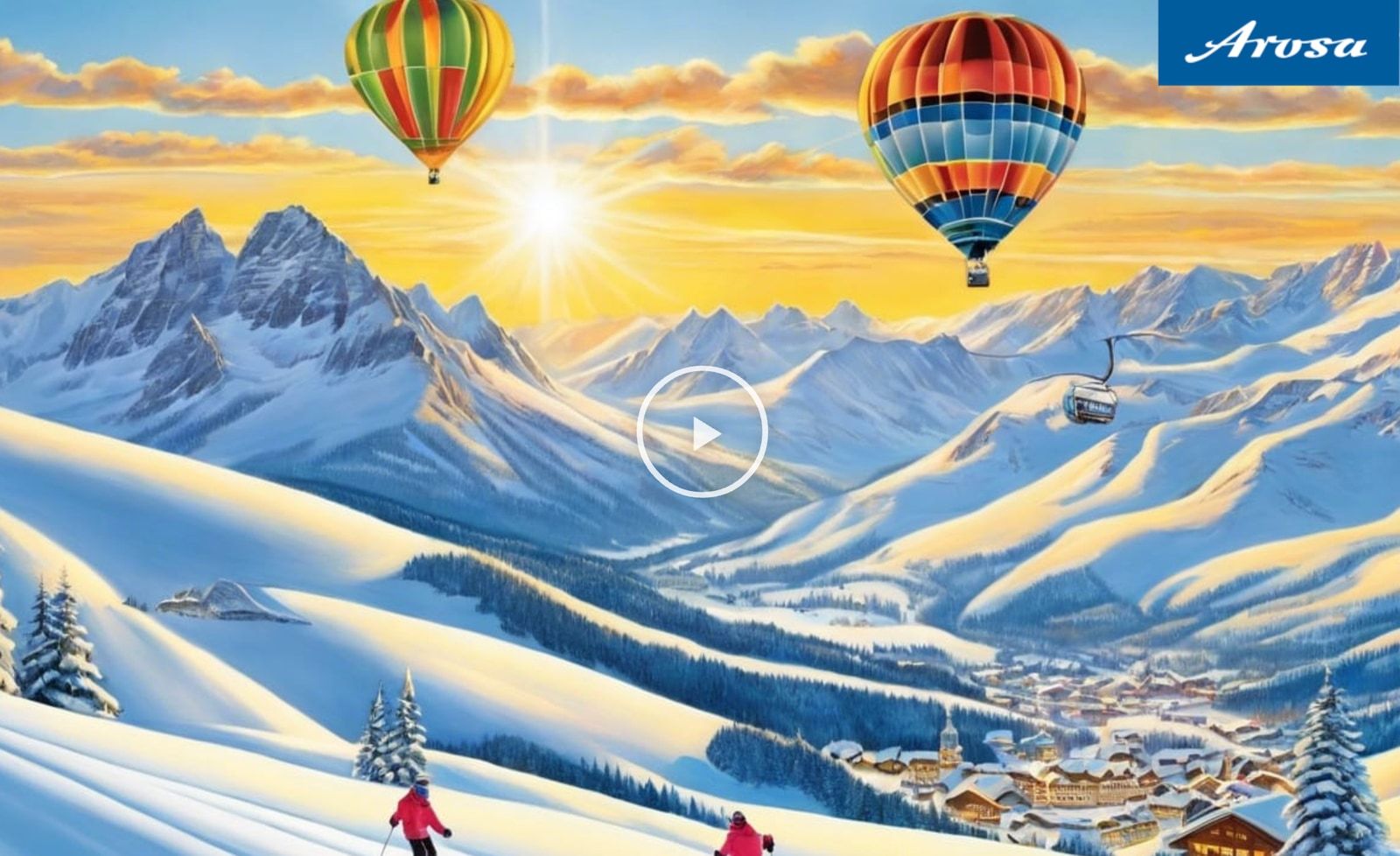 AI-generated winter landscape of Arosa with hot-air balloons over snowy mountains